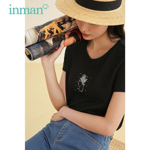 

women's t-shirt inman summer women young style soft skin-friendly breathable cotton literary athena embroidery short sleeve female top, White