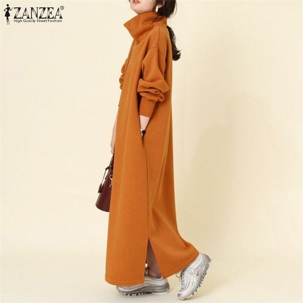 

zanzea long maxi dresses women 2021 ladies turtleneck vestidos oversized spring solid sundress casual long sleeve robe femme 5xl, Black;gray