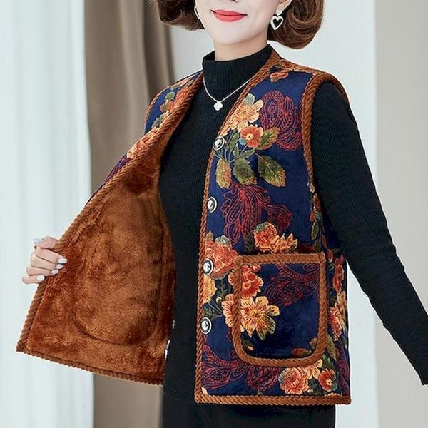 

women's vests xl-6xl autumn v collar women sleeveless velvet coats mother floral double pocket cotton female ladies winter clothing, Black;white