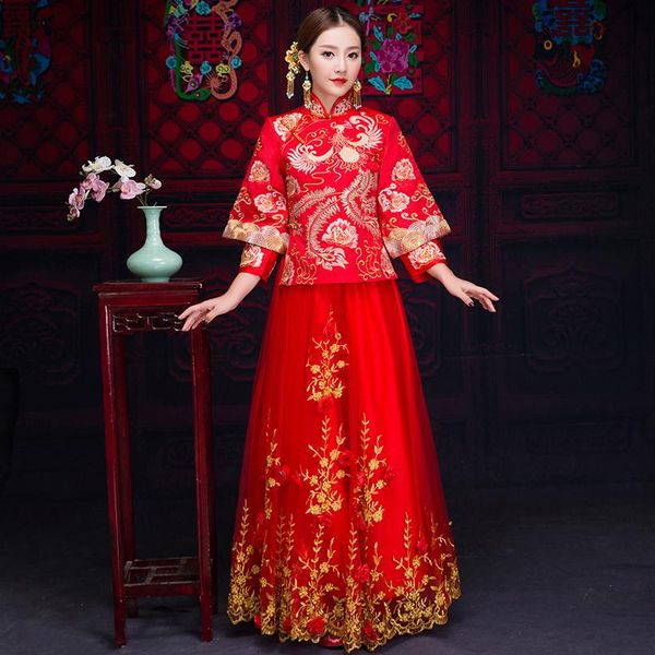 

bride cheongsam vintage chinese style wedding dress retro toast clothing lady embroidery phoenix gown marriage qipao red clothes ethnic