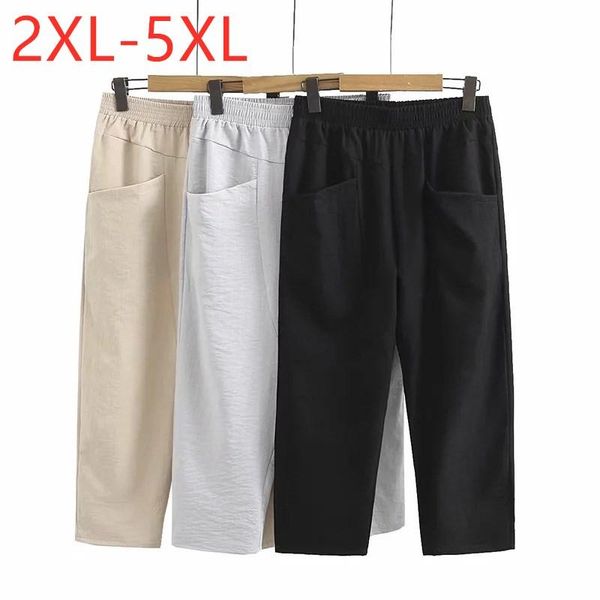 

women's pants & capris ladies spring summer plus size cropped for women large casual cotton linen pocket black straight trousers 3xl 4x, Black;white