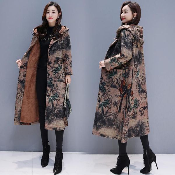 

women's wool & blends 2021 winter female thickening velvet warm x-long vintage printing coats with pockets long sleeve hooded office la, Black
