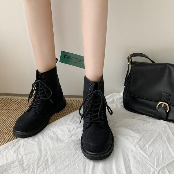 

boots women 2021 hole black frosted leather british flat ankle women's