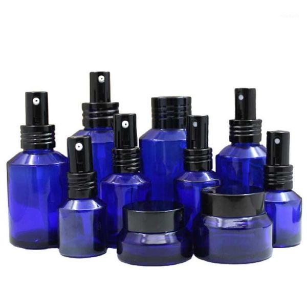 

storage bottles & jars 15ml 30ml 60ml 100ml empty blue glass packaging bottle toner spray lotion pump 15g 30g cream black aluminum lid 10pcs