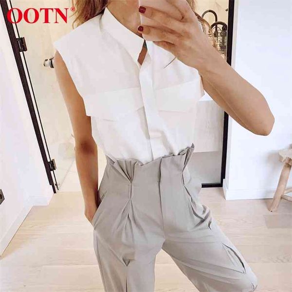 

ootn stand collar summer sleeveless shirts office ladies white womens and blouses fashion chic padded shoulder 210730