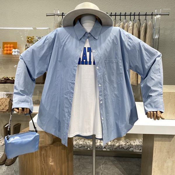 

brand original design blue turtleneck long sleeve single pocket shirt + round collar lettered loose short t-shirt 2 suit women's blouse, White