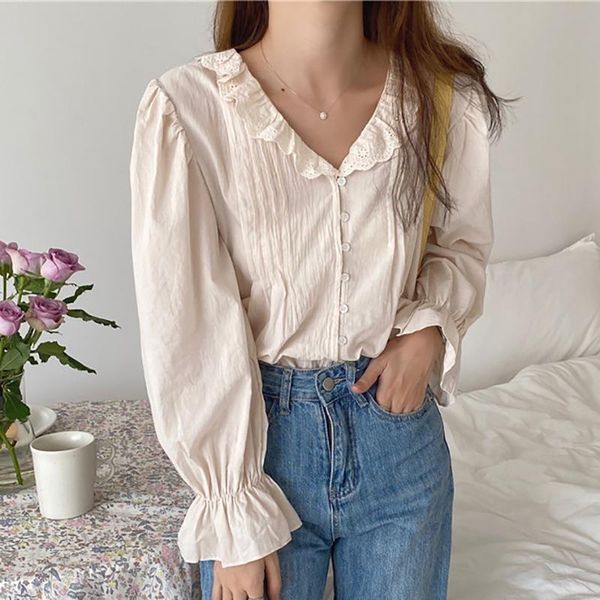 

shintimes v-neck women blouse ruffles button blouses woman 2021 spring autumn casual long sleeve ladies femme blusas mujer women's & s, White