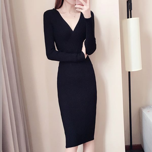 

dress 2021 autumn and winter knitted long sleeve v-neck slim bottoming kjcn, Black;gray