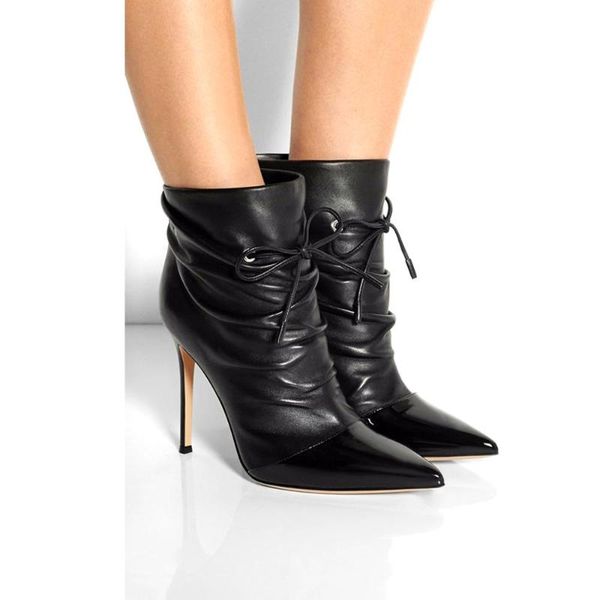 

boots women's pointed toe high heel ankle lace up autumn winter female footwear stilettos elegant black patchwork aimirlly
