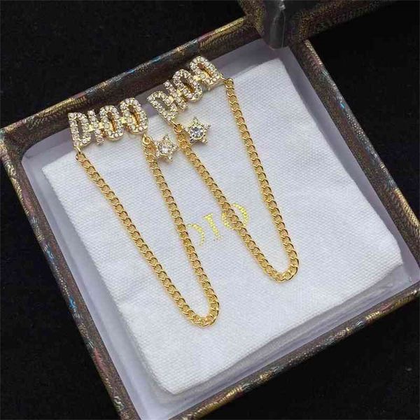 

85% off factory clearance dejia new five pointed star full diamond chain earrings female brass earrings, Golden