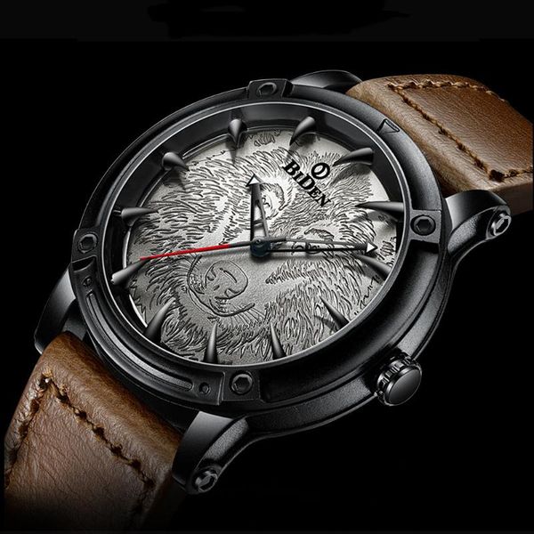 

wristwatches brand men watches leather belt 30m waterproof retro punk style wolf three-dimensional embossed pattern biden quartz watch, Slivery;brown