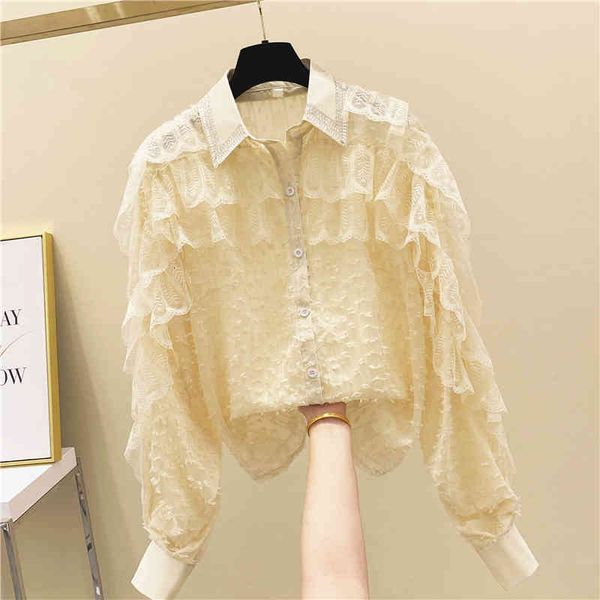 

blouses lace chiffon blouse women arrival mesh stitching ruffles diamond long sleeve blouses elegant office lady lapel blusas, White