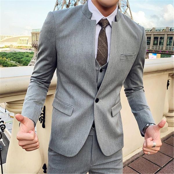 

men's suits & blazers ( jacket+vest+pants )fashion boutique solid color stand collar tunic casual business suit mens groom wedding dres, White;black