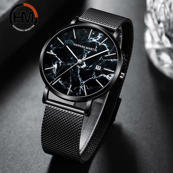 

wristwatches japan quartz calendar wristwatch fashion black marbling stainless steel mesh men's ultra-thin waterproof business watch fo, Slivery;brown