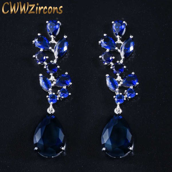 Elegante dunkelblaue Zirkonia Kristall lange große baumelnde Ohrringe für Frauen Hochzeitskleid Schmuck Zubehör CZ024 210714