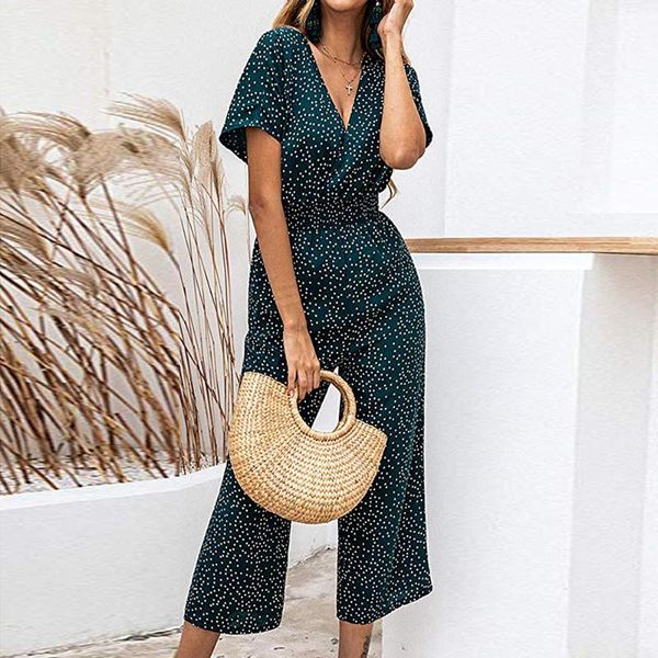 

women's jumpsuits & rompers women jumpsuit summer bodysuits pockets v neck office wear short sleeve dot printing playsuit, Black;white