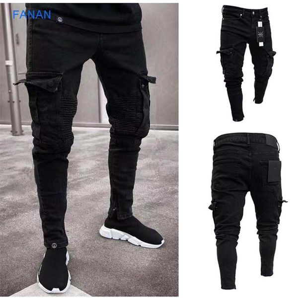 

men's jeans stretch trend knee hole zipper leg pants, Blue