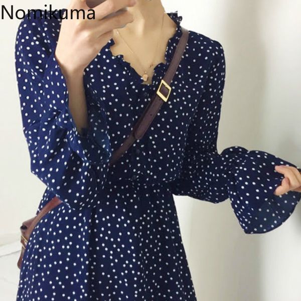 

nomikuma v neck vintage dot dress women slim waist long sleeve mid calf dresses female elegant temperament vestidos mujer 3b594 210514, Black;gray