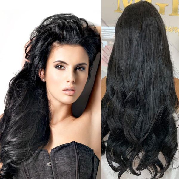 

synthetic wigs 24in long water wave for women 1b black lace front wig heat resistant afro cosplay