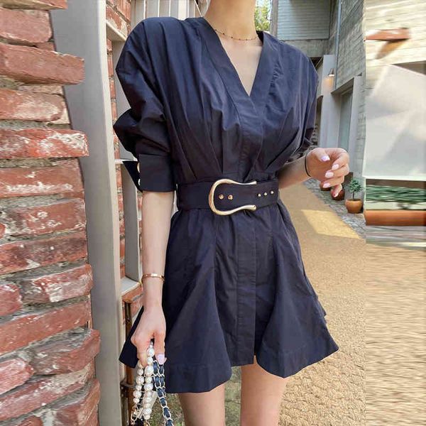 

casual dresses korean chic french niche summer temperament v-neck slim feminine puff sleeve dress female scww, Black;gray