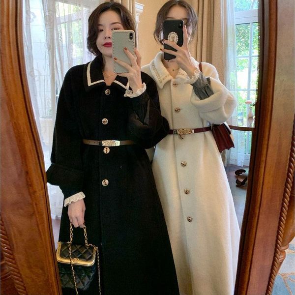 

women's wool & blends women 2021 autumn winter coats blend long coat female warm belted jackets ladies elegant overcoat outerwear b482, Black