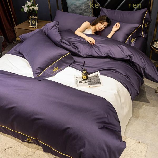 

purple bedding set double bed 40s egyptian cotton soft quilt cover 220x240 linen for el sets