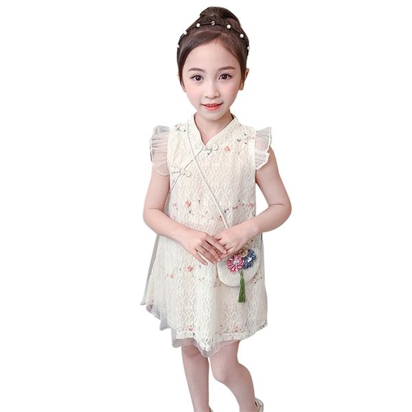 Kız Cheongsam Elbiseler Kızlar için Dantel Parti Örgü Çocuklar Çin Tarzı Çocuk Kostümleri Yaz 210528