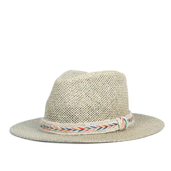 

stingy brim hats 2021 raffia straw summer women men travel beach sun hat elegant lady fedora wide panama sunbonnet sunhat size 56-58cm, Blue;gray