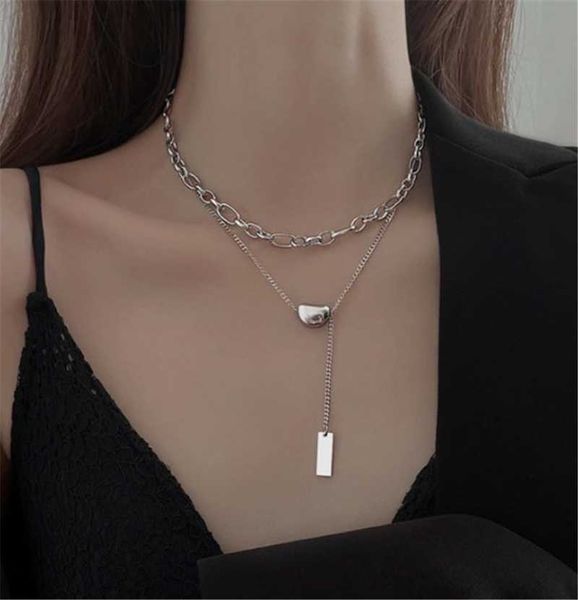 

pendant necklaces 316l stainless steel hip hop double layer coffee bean necklace stacking elegant simple rectangular brand, Silver