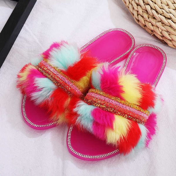 

slippers summer luxury faux fur women mix color bling strap flat pvc jelly shoes ladies girls modern fashion outdoor cozy 2021 wp6, Black