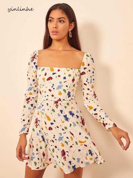 

casual dresses yinlinhe print art vintage dress women long sleeve elasticity slim summer square collar high waist party vestidos 1527, Black;gray