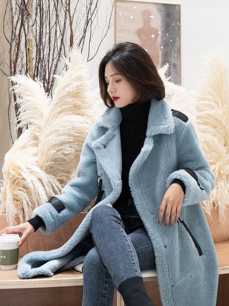 

women's fur & faux real coat female sheep shearling jacket winter women clothes 2021 wool korean long jackets my4591, Black