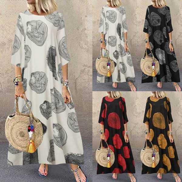 

vintage printed maxi dress women's 2021 casual 3/4 sleeve long vestido female floral linen robe, Black;gray