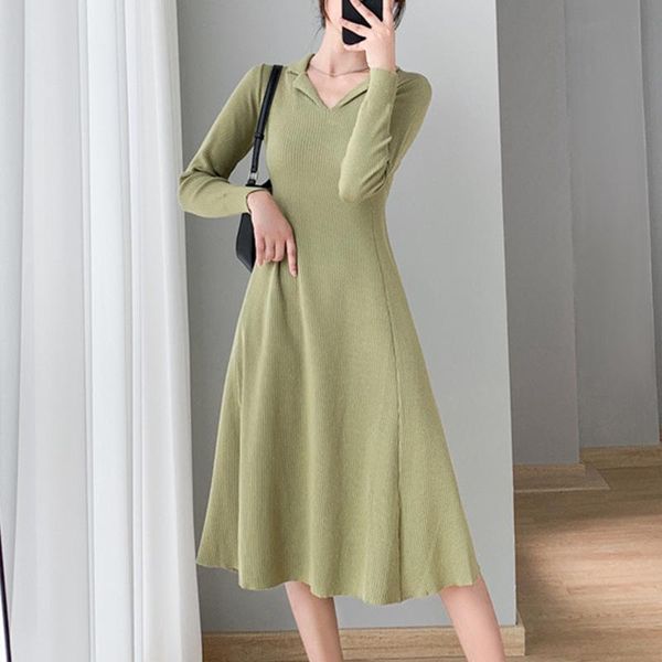 

casual dresses autumn winter thick v neck sweater dress elegant women 2021 long female a-line slim knitted, Black;gray