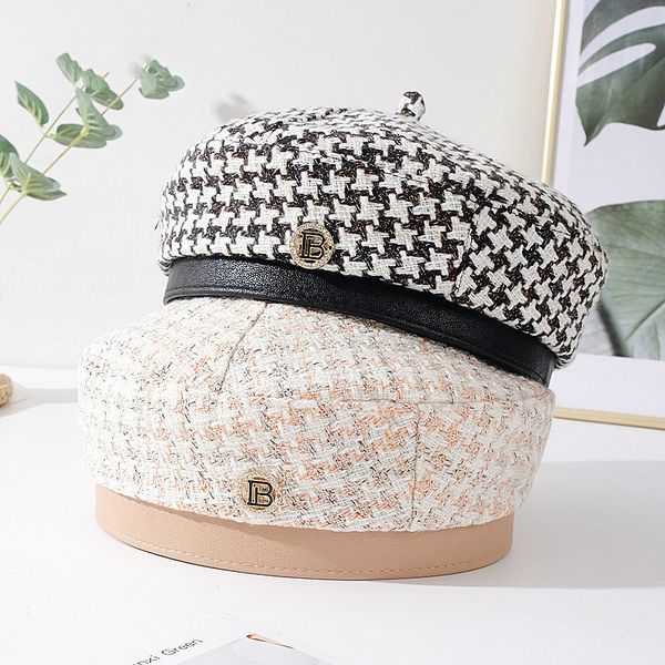 

jin-swhbias barets for women wool sheet eight-cornered hat restore winter vintage table hats metal button black, Blue;gray