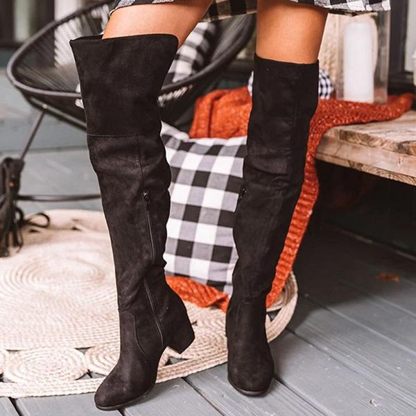 

boots 2021 ladies high winter korean fashion solid color heels zipper casual retro suede round toe, Black