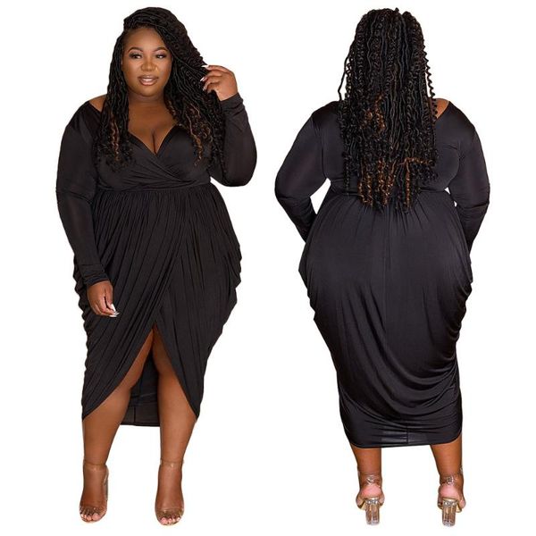 

plus size dresses l-4xl large for women fashion elegant fold solid color long sleeve v neck evening dress wholesale drop, Black