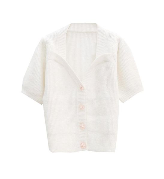 

women's knits & tees 2021 spring and summer lantern short-sleeved plum buckle v-neck thick needle knitted sweater cardigan women, White