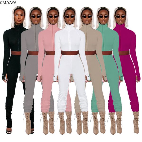 

active wear knitted womens set luy lable embroidery zipper staed ruched pants ribbed trasuit two piece setby air, White