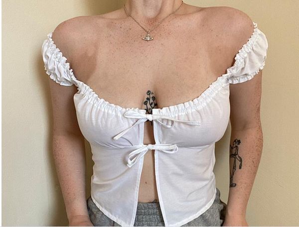 

women's t-shirt 2021 summer slim off shoulder short sleeve cardigan lace top, White