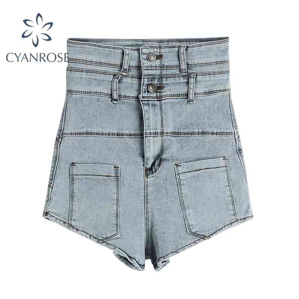 

high waist buttons blue women's shorts denim pants streetwear vintage casual crop pant pocket fashion washed jeans trousers 210430, White;black
