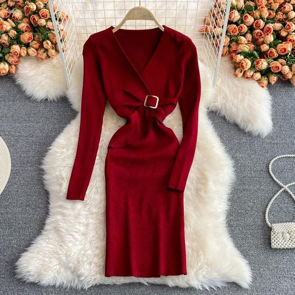 

casual dresses 2021 autumn elegant black v-neck knitted bottoming dress winter with waist thin elastic hip sweater skirt mini vestidos, Black;gray