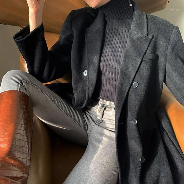 

women's wool & blends [eam] loose fit vintage black woolen coat parkas notched collar long sleeve women fashion tide autumn winter 2021