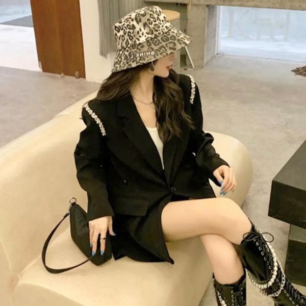 

women's suits & blazers 2021 autumn solid black suit jacket women diamond loose casual oversized coat long sleeve single button blazer, White;black