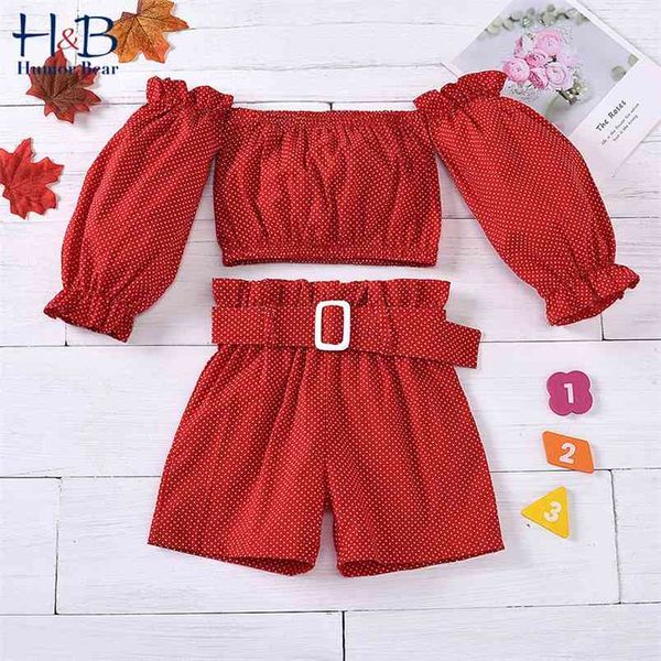 

girls clothing set spring autumn fashion dot kids one-shoulder long-sleeved t-shirt +belt shorts 2pcs clothes suit 210611, White