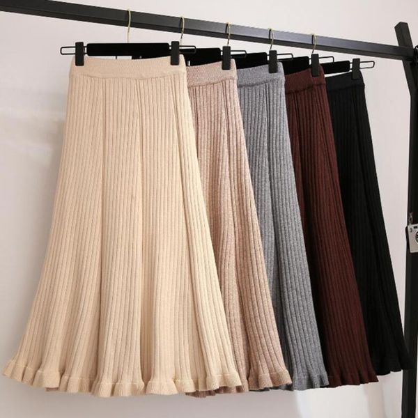 

skirts 2021 spring autumn casual women skirt high waist a-line lotus leaf knitted pencil elegant long quality, Black