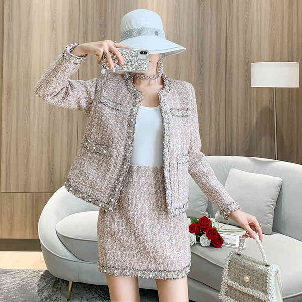 

two piece dress vintage fashion tweed set, 2-piece suit, bead coat, jacket + high waist miniskirt, novel, autumn and winter, White