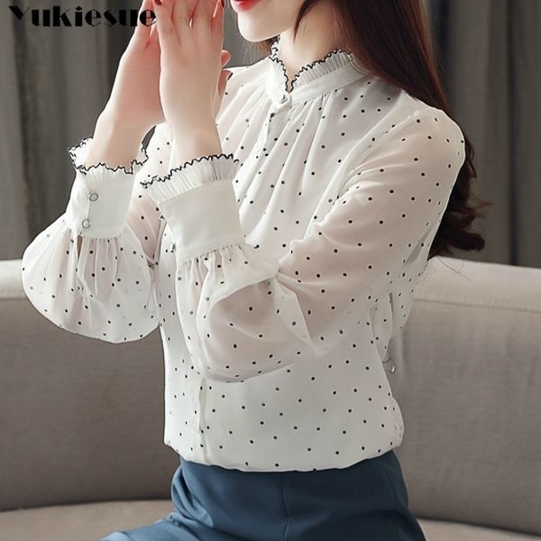 Мода женщины шифон блузка весна с длинным рукавом слоеная блузка оборками шифон леди рубашка точка узор леди блузка плюс размер 210317