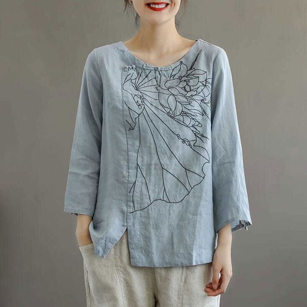 

t shirts autumn arts style women 3/4 sleeve loose o-neck tee shirt femme cotton linen embroidery vintage t-shirt plus size m517 yqbp, White