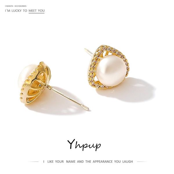 

stud yhpup freshwater pearls earrings shiny cubic zirconia geometric jewelry for women gala gift brincos, Golden;silver